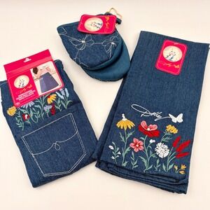 Dolly Parton Embroidered Denim Kitchen Set Apron 2 Towels Mini Mitt Floral NWT